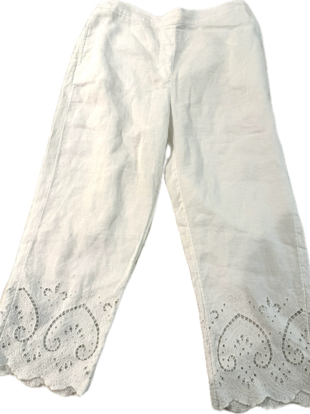 Chico's White Eyelet Hem Cropped Linen Pants
